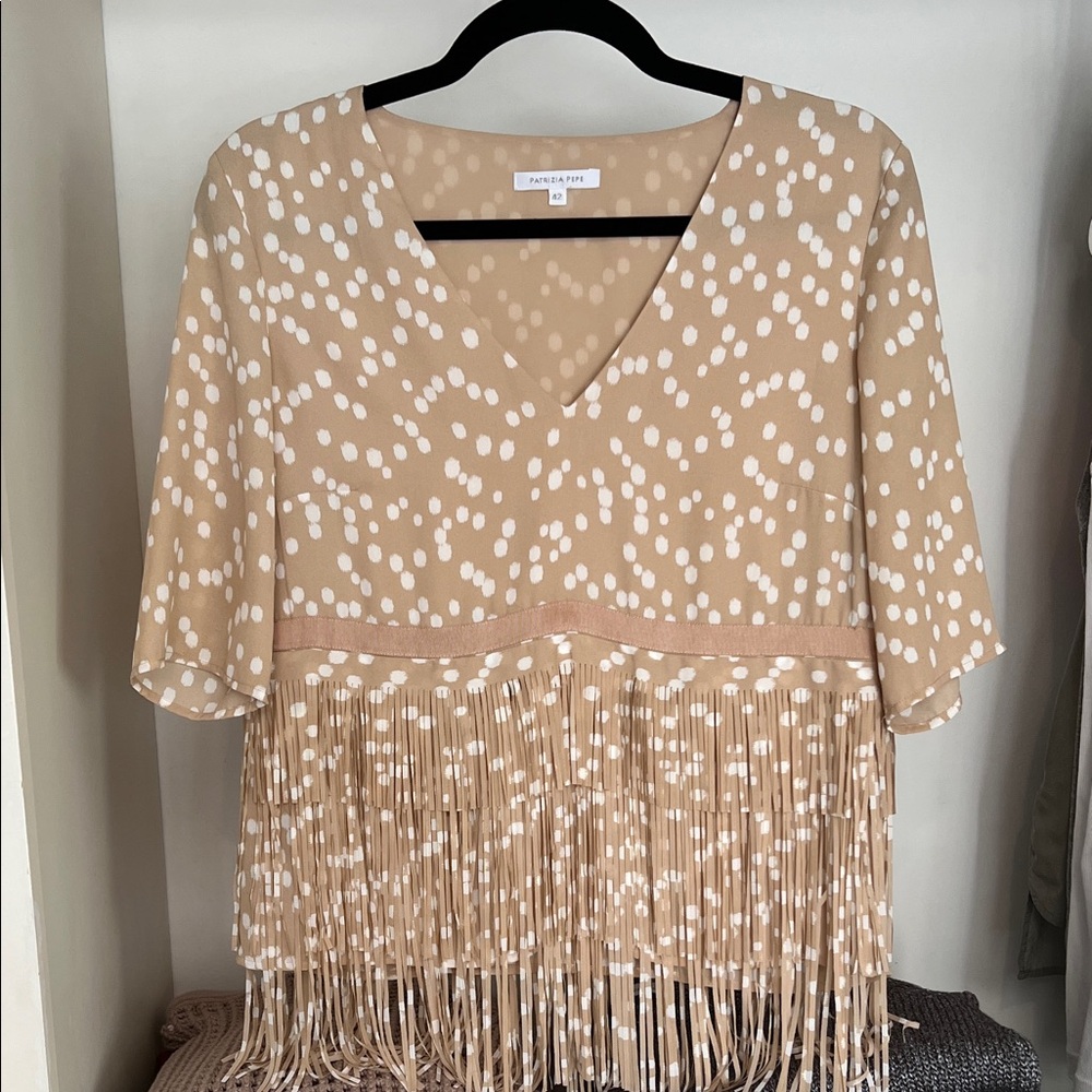 Patrizia pepe Tan Fringe Polka Dot Blouse